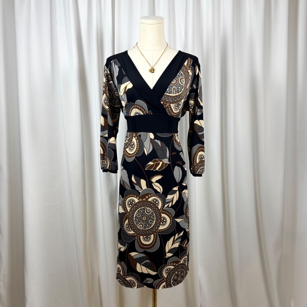 Volume One Dresses Black Floral Print V Neck 3/4 Sleeve Midi Dress Size S